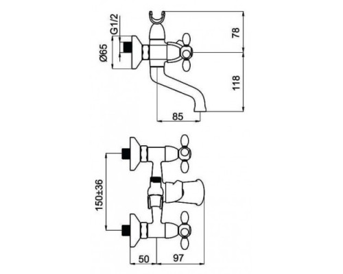 Змішувач для ванни преміум литий  Rubineta Toscana 1 Cross (M10S06)