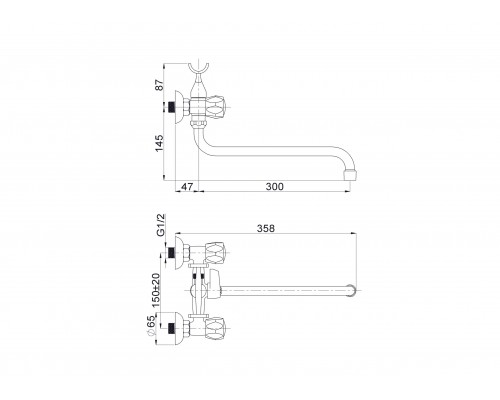 Змішувач для ванни RUBINETA R1SK02 Rubin R-1 Globo (K) кран-букси, вил. 300мм (E1SK02)