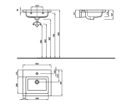 KOLO TWINS L51950000 умывальник мебельный с тонким бортом 50 см
