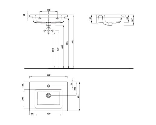 KOLO TWINS L51960000 умывальник мебельный с тонким бортом 60 см