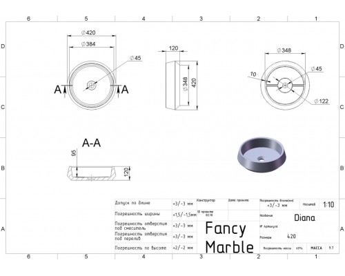 FANCY MARBLE 4904101 Умывальник из литого мрамора DIANA 420 (420 х 420 х 120 )
