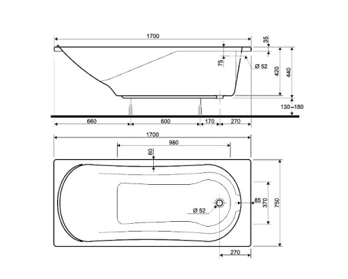 KOLO Ванна акриловая COMFORT 170х75 + ножки SN7 (XWP3070)