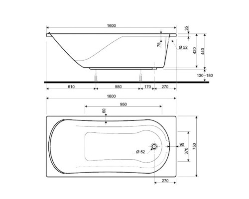 KOLO Ванна акриловая COMFORT 160х75 + ножки SN7 (XWP3060)