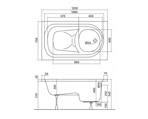 KOLO Ванна акриловая DIUNA 120х70 , сидячая + ножки SN7 (XWP3120)