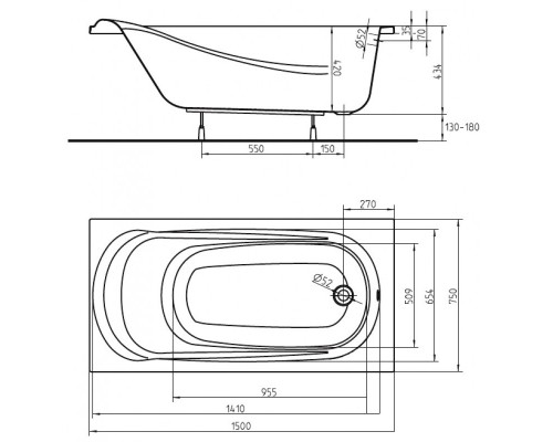 KOLO Ванна акриловая SAGA 150х75 + ножки SN0 (XWP38500)