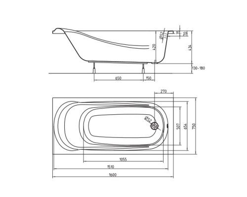 KOLO Ванна акриловая SAGA 160х75 + ножки SN0 (XWP38600)