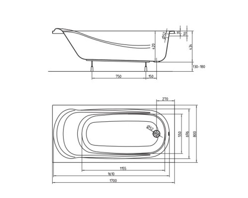 KOLO Ванна акриловая SAGA 170х80 + ножки SN0 (XWP38700)