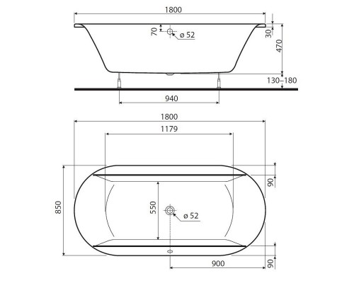 KOLO Ванна акриловая овальная CLARISSA 180 x 85 см, ванна без панели XWL2680000