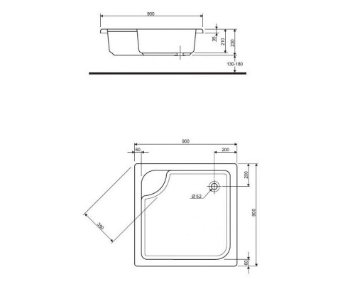 KOLO XBK0390 DEEP поддон квадратный 90 x 90 см, глубина 21 см, выпуск 52 мм