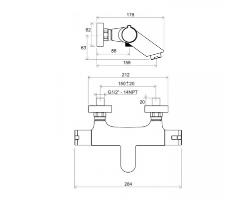 RAVAK X070047 TE 022.00 / 150 Термостатический настенный смеситель для ванны