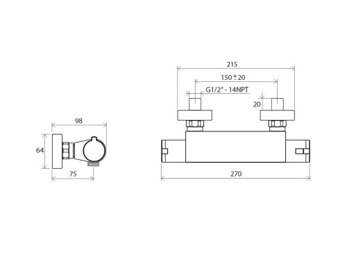 RAVAK X070051 TE 072.00 / 150 Термостатический настенный смеситель для душа, без воронки, 150мм