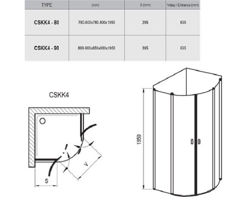 RAVAK 3Q170U00Z1 Душевая кабина CSKK4- 90 Сатин TRANSPARENT