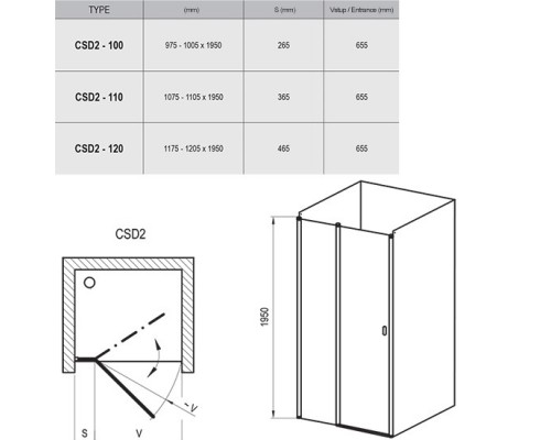 RAVAK 0QVACC00Z1 Душевые двери CSD2- 100 Полир.алюм TRANSPARENT