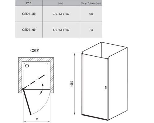 RAVAK 0QV40C00Z1 Душевые двери CSD1- 80 Полир.алюм TRANSPARENT
