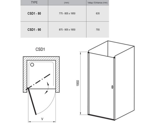 RAVAK 0QV70C00Z1 Душевые двери CSD1- 90 Полир.алюм TRANSPARENT