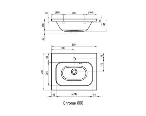 RAVAK XJG01260000 Умывальник CHROME 600 Белый с отверстиями без перелива