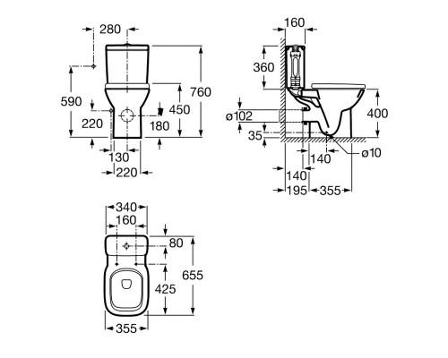ROCA A34P998000 DEBBA компакт в комплекте, сиденье slowclosing, подвод сбоку, горизонтальный выпуск