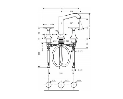 Hansgrohe 31307090 Metropol смес.д/раков,3 отв,со сл.гар