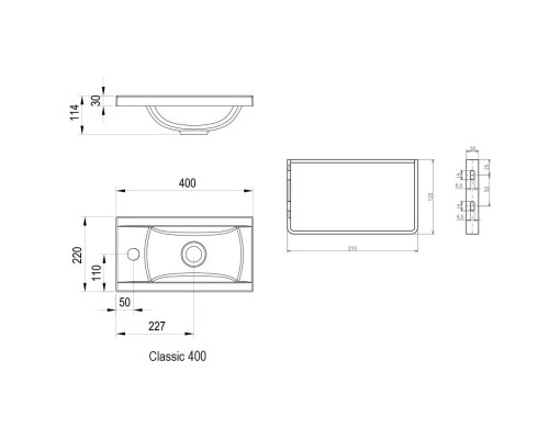 RAVAK XJD01140000 Умывальник CLASSIC MINI 400 Белый с отверстиями