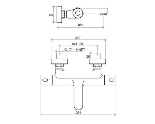 RAVAK X070097 TE 023.00 / 150 Термостатический смеситель для ванны 300, настенный без лейки 150 мм
