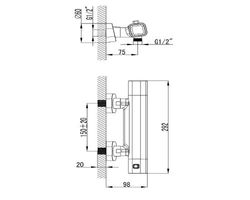 RAVAK X070102 TD 033.00 / 150 Термостатический смеситель для душа, настенный без лейки, 150 мм