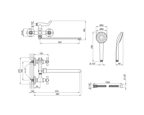 Змішувач для ванни Lamb 140  двохвентильний (з душовим гарнітуром) (75 21 140) Chrome Lidz