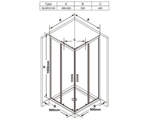 RAVAK X1LM70C00Z1 Душевая кабина BLSRV2-90 поли. алюм. TRANSPARENT