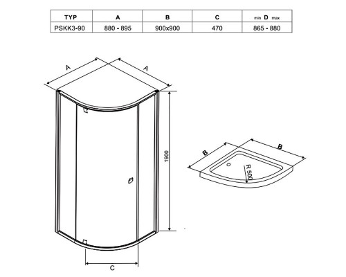 RAVAK 37677300Z1 Душевая кабина PSKK3- 90 Черный TRANSPARENT