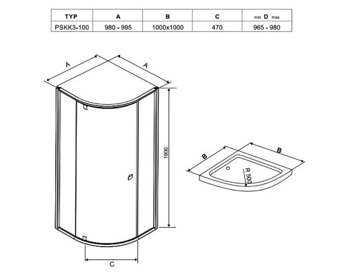RAVAK 376AA300Z1 Душевая кабина PSKK3- 100 Черный TRANSPARENT