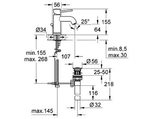 GROHE BauClassic 23161000 смеситель для умывальника с донным клапаном