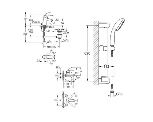 GROHE Eurosmart 123238S набор смесителей для ванной S-Size (33265002+33300002+27926001) + Groheclean