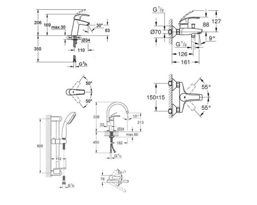 GROHE Eurosmart 123248MK набор смесителей кухни и ванной M-Size(23324001+33300002+27926001+33202002)