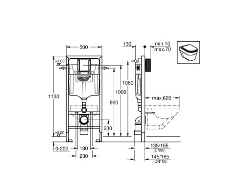 GROHE 39192000 Solido Perfect Набор 4 в 1 - инстал. 38721001, подвесным унитазом 51,7х35.4 в компл.с