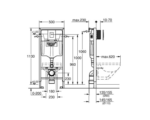 GROHE 38772001+37131000 Rapid SL 4в1 комплект для подвесного унитаза (бачок, крепеж, кнопка хром -