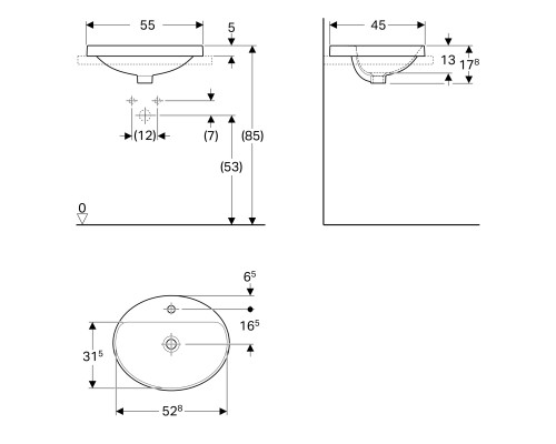 GEBERIT 500.723.01.2 Встраиваемый умывальник Geberit VariForm овальной формы, с полкой для отверстия