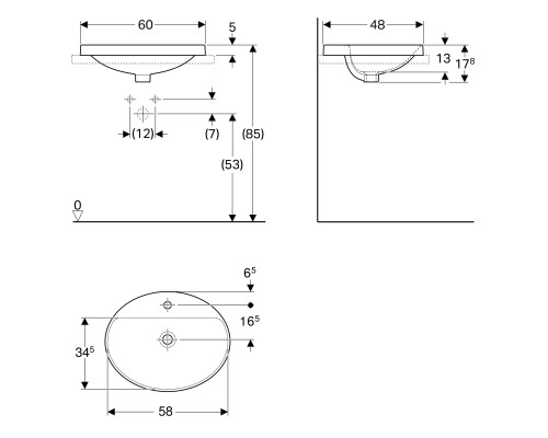GEBERIT 500.727.01.2 Встраиваемый умывальник Geberit VariForm овальной формы, с полкой для отверстия