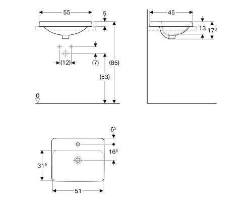 GEBERIT 500.743.01.2 Встраиваемый умывальник Geberit VariForm прямоугольной формы, с полкой для отве