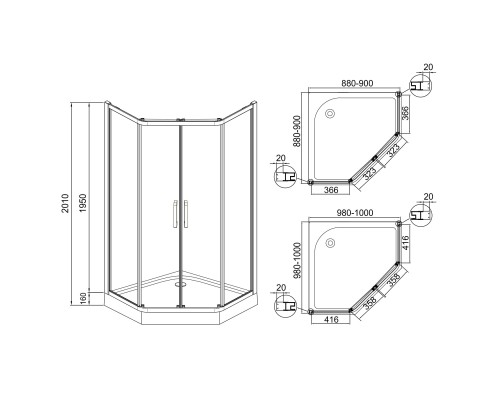 EGER IRIS душевая кабина 90*90*195см пятиугольная (стёкла + двери), с раздвижными дверями