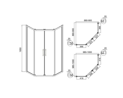 EGER IRIS душевая кабина 100*100*195см пятиугольная (стёкла + двери), с раздвижн дверями