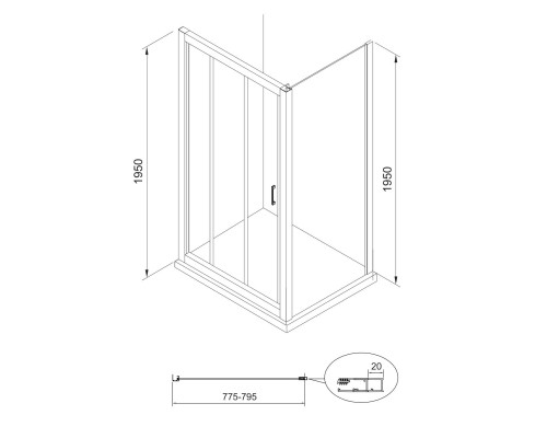 EGER LEXO стенка боковая 80*195см для комплектации с дверью, прозрачное стекло 6мм, хром