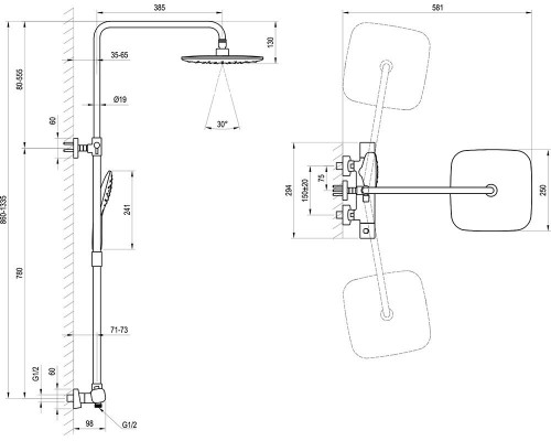 RAVAK X070141 TD F 091.00 / 150 Душевая штанга 10 ° с термостатическим смесителем и душевой лейкой
