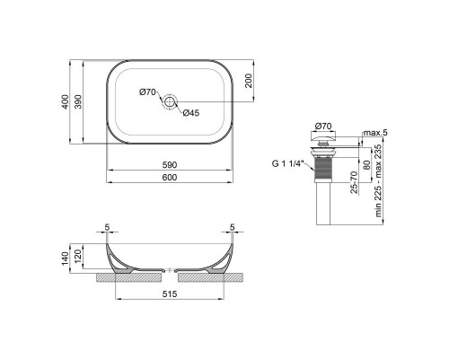 Qtap Robin раковина накладная прямоугольная с донным клапаном 610x400x145mm WHITE
