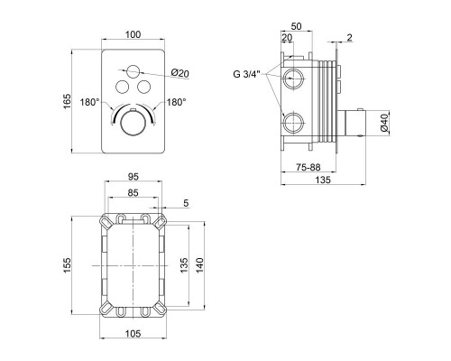 Змішувач термостатичний прихованого монтажу для душу Qtap Votice 6443T105NKB для трьох споживачів