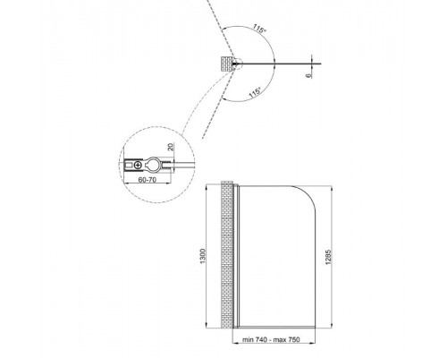 Штора на ванну Qtap Standard CRM407513APL скло Pear 6 мм, 75х130 см, ліва