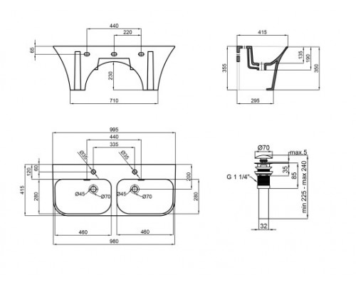 Раковина підвісна моноблок подвійна Qtap Virgo 1000х410х360 White з донним клапаном QT1811G760W