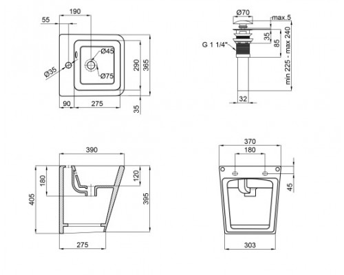 Раковина підвісна моноблок Qtap Tern 370х410х400 Matt black з донним клапаном QT1711G808MB