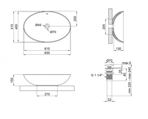 Раковина-чаша Qtap Dove 625х415х150 Matt black з донним клапаном QT063077MBMB