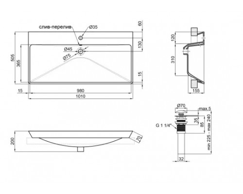 Раковина Qtap Albatross D 1000х500х210 White з донним клапаном QT01115100DW