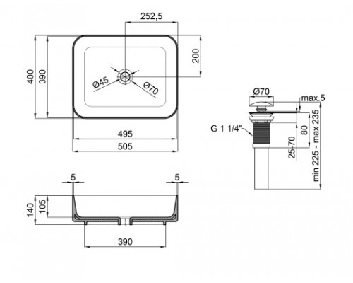 Qtap Раковина-чаша  Tern 500x390x140 Matt black с донным клапаном QT172195MBMB