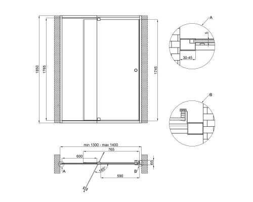Душові двері в нішу Qtap Pisces WHI2013-14.CP5 130-140x185 см, скло Pattern 5 мм